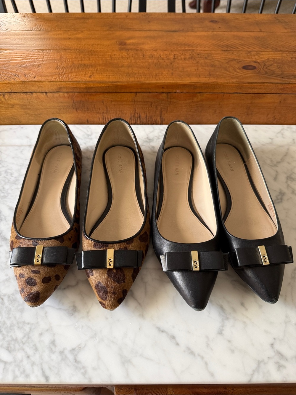 2 Cole Haan Pointed Toe Bow Flats in Black and Brown Leopard